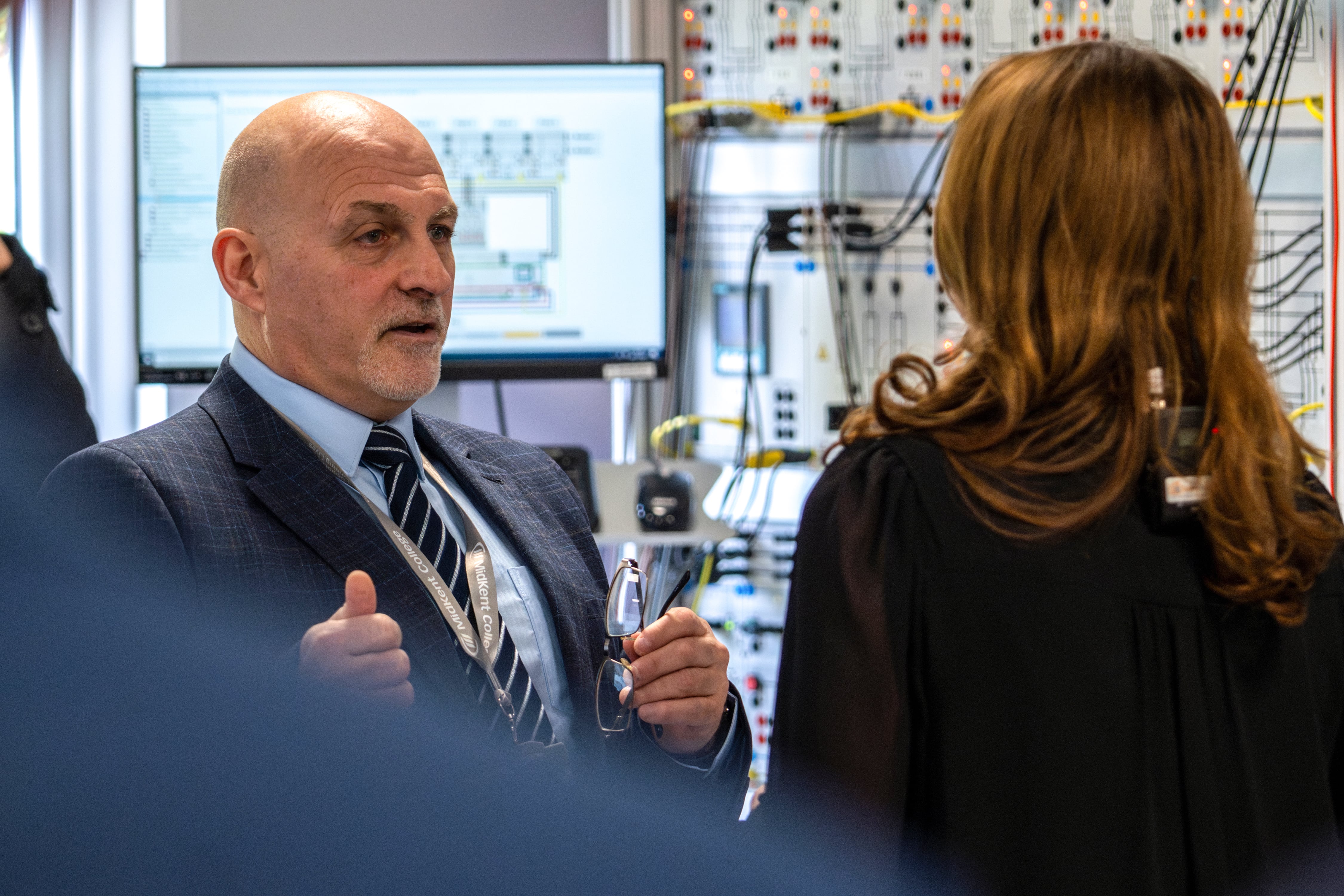 Gillian Keegan speaks to Richard Wilde at MIdkent College Green Construction Facilities